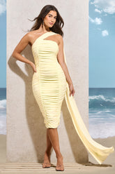 Lemon Ruched One Shoulder Midi Dress With Sash